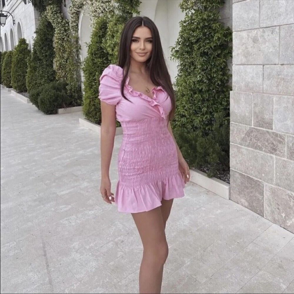Zara Bubble Gum Pink Linen Blend Mini Dress Women’s Size Medium M Barbie - Picture 3 of 9